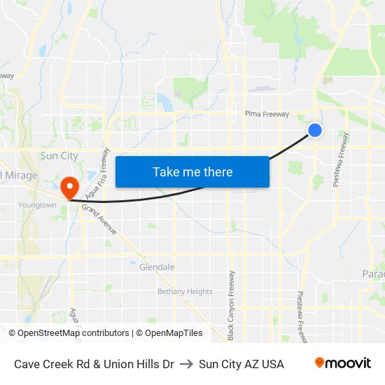 Cave Creek Rd & Union Hills Dr to Sun City AZ USA map