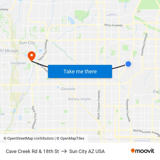 Cave Creek Rd & 18th St to Sun City AZ USA map