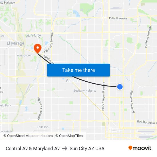 Central Av & Maryland Av to Sun City AZ USA map