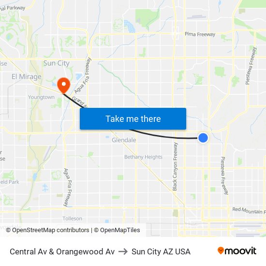 Central Av & Orangewood Av to Sun City AZ USA map