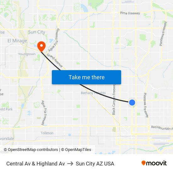 Central Av & Highland Av to Sun City AZ USA map