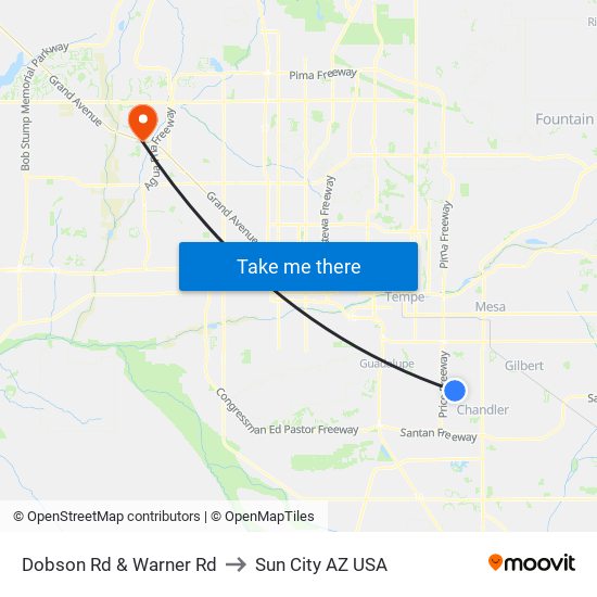 Dobson Rd & Warner Rd to Sun City AZ USA map