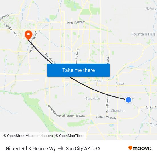 Gilbert Rd & Hearne Wy to Sun City AZ USA map