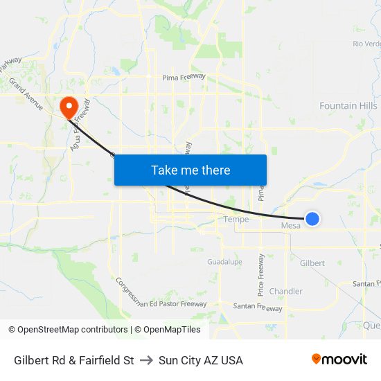 Gilbert Rd & Fairfield St to Sun City AZ USA map