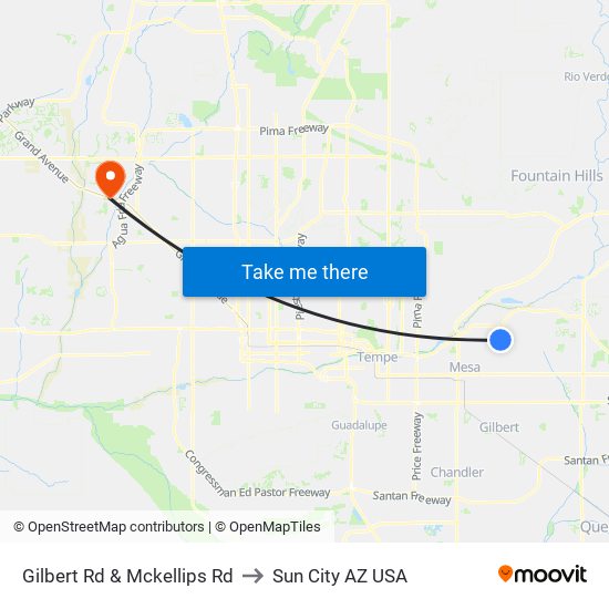 Gilbert Rd & Mckellips Rd to Sun City AZ USA map