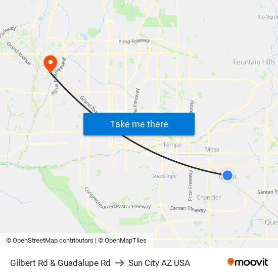 Gilbert Rd & Guadalupe Rd to Sun City AZ USA map