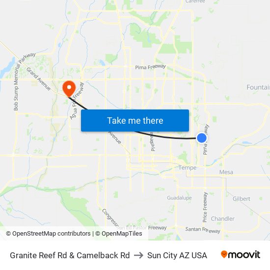 Granite Reef Rd & Camelback Rd to Sun City AZ USA map