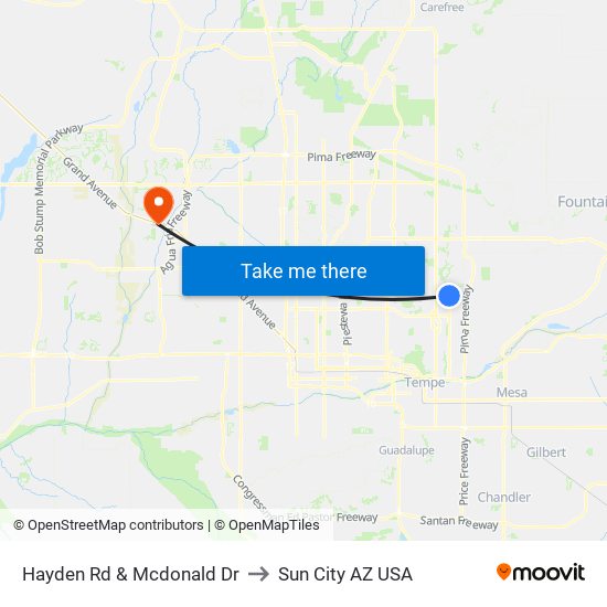 Hayden Rd & Mcdonald Dr to Sun City AZ USA map