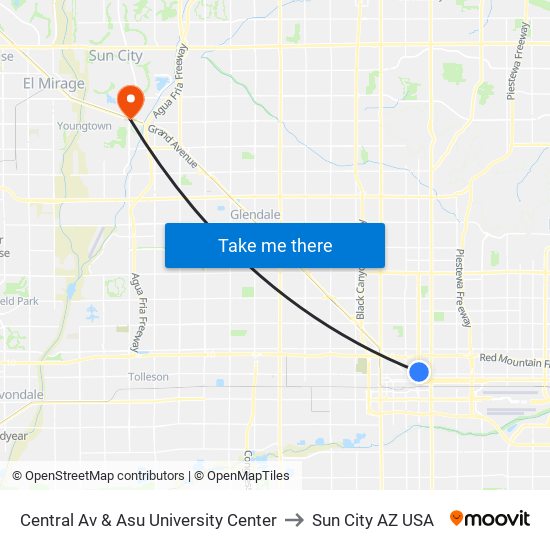 Central Av & Asu University Center to Sun City AZ USA map