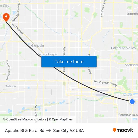 Apache Bl & Rural Rd to Sun City AZ USA map