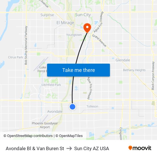 Avondale Bl & Van Buren St to Sun City AZ USA map