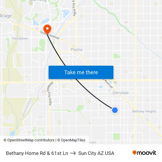 Bethany Home Rd & 61st Ln to Sun City AZ USA map