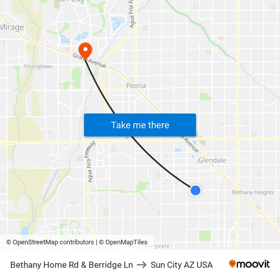 Bethany Home Rd & Berridge Ln to Sun City AZ USA map