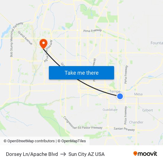 Dorsey Ln/Apache Blvd to Sun City AZ USA map