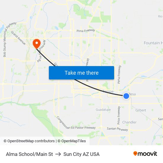 Alma School/Main St to Sun City AZ USA map