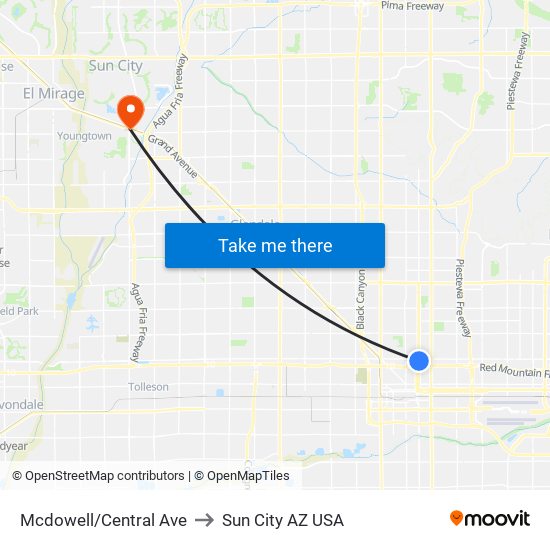 Mcdowell/Central Ave to Sun City AZ USA map