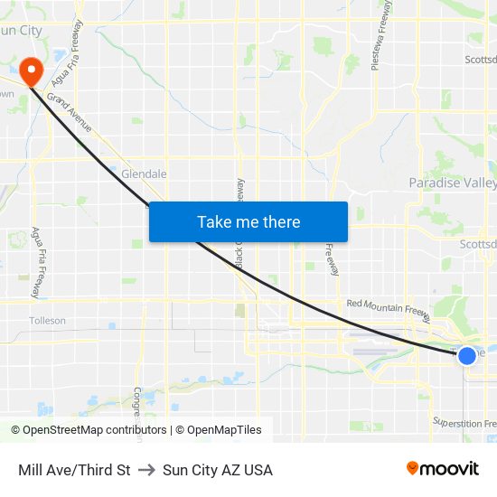 Mill Ave/Third St to Sun City AZ USA map