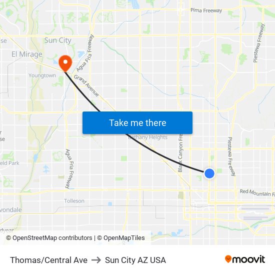 Thomas/Central Ave to Sun City AZ USA map