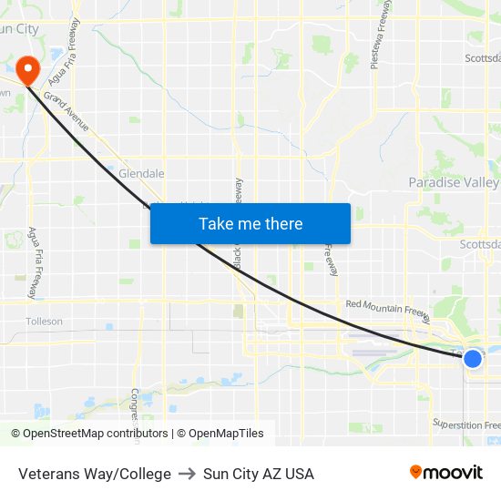 Veterans Way/College to Sun City AZ USA map