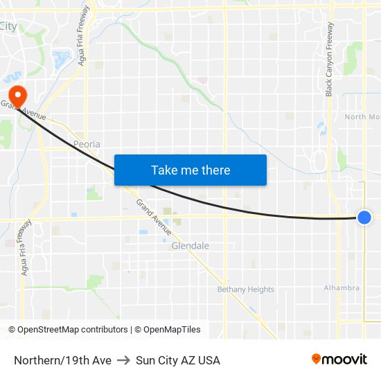 Northern/19th Ave to Sun City AZ USA map