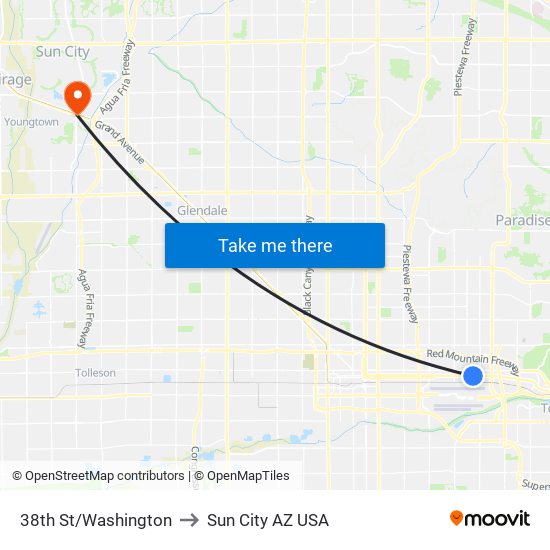 38th St/Washington to Sun City AZ USA map