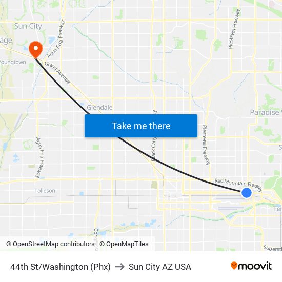 44th St/Washington (Phx) to Sun City AZ USA map