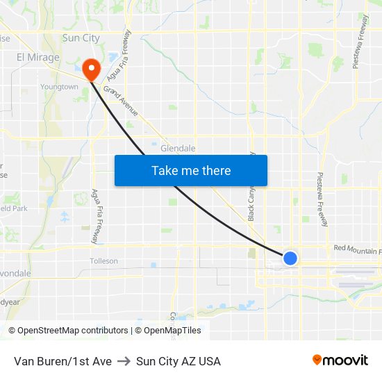 Van Buren/1st Ave to Sun City AZ USA map