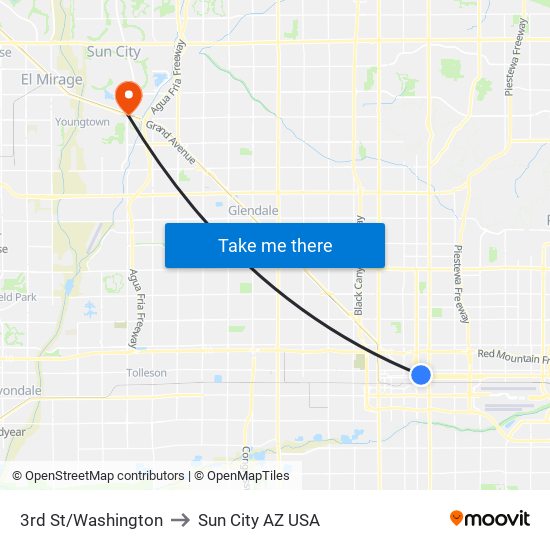 3rd St/Washington to Sun City AZ USA map