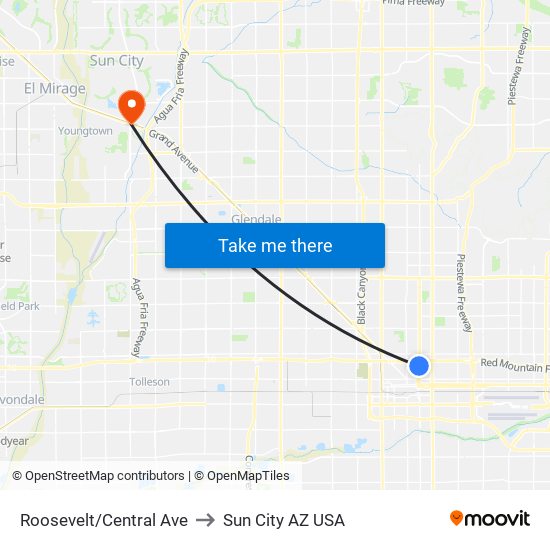 Roosevelt/Central Ave to Sun City AZ USA map