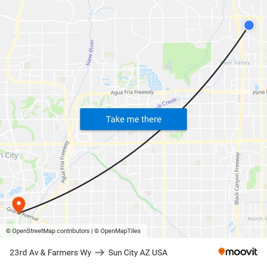 23rd Av & Farmers Wy to Sun City AZ USA map