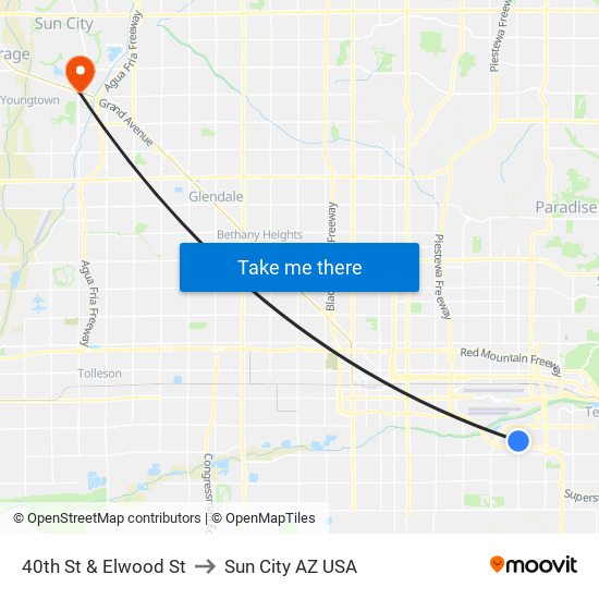 40th St & Elwood St to Sun City AZ USA map