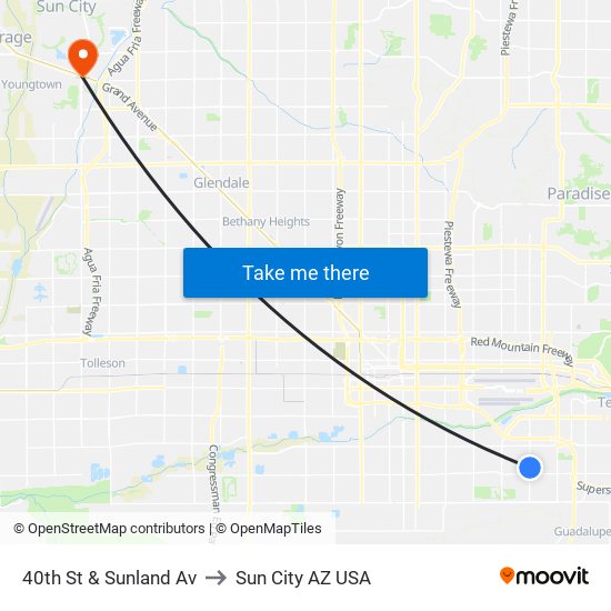 40th St & Sunland Av to Sun City AZ USA map