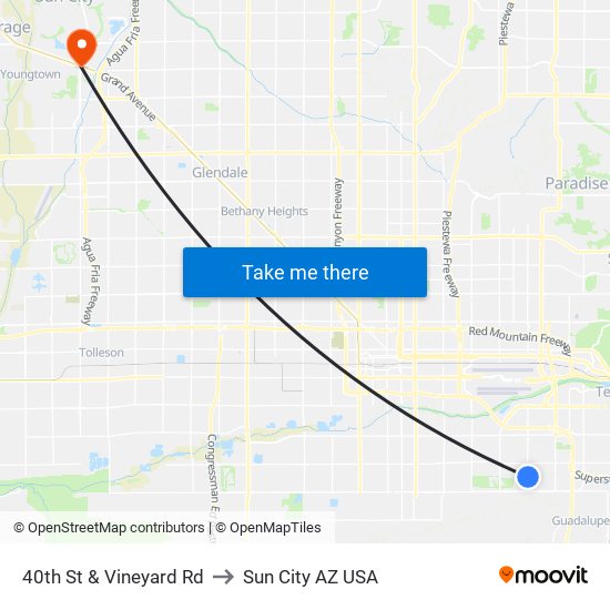 40th St & Vineyard Rd to Sun City AZ USA map