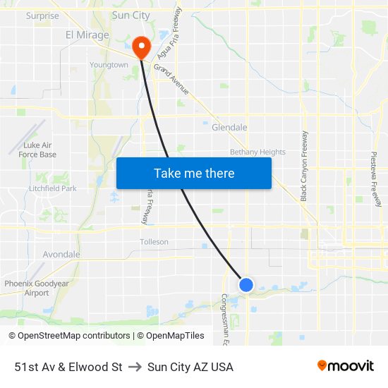 51st Av & Elwood St to Sun City AZ USA map