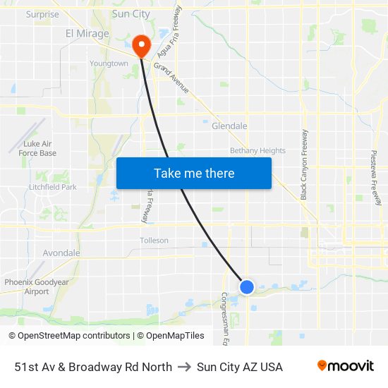 51st Av & Broadway Rd North to Sun City AZ USA map