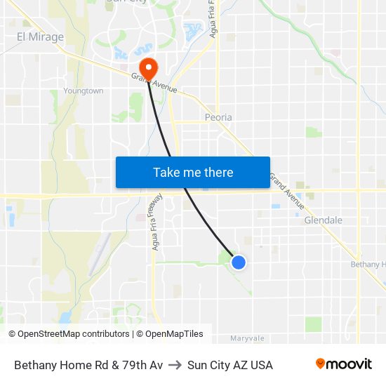 Bethany Home Rd & 79th Av to Sun City AZ USA map