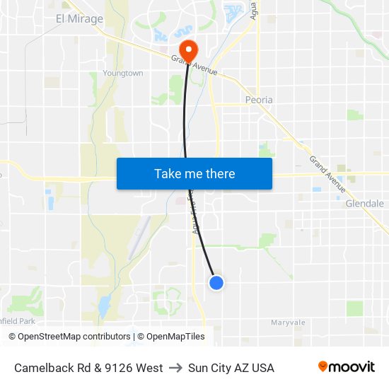 Camelback Rd & 9126 West to Sun City AZ USA map