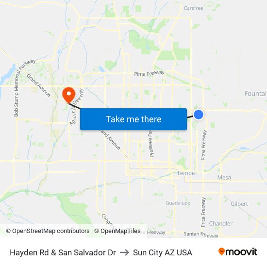 Hayden Rd & San Salvador Dr to Sun City AZ USA map