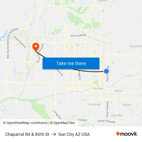 Chaparral Rd & 86th St to Sun City AZ USA map