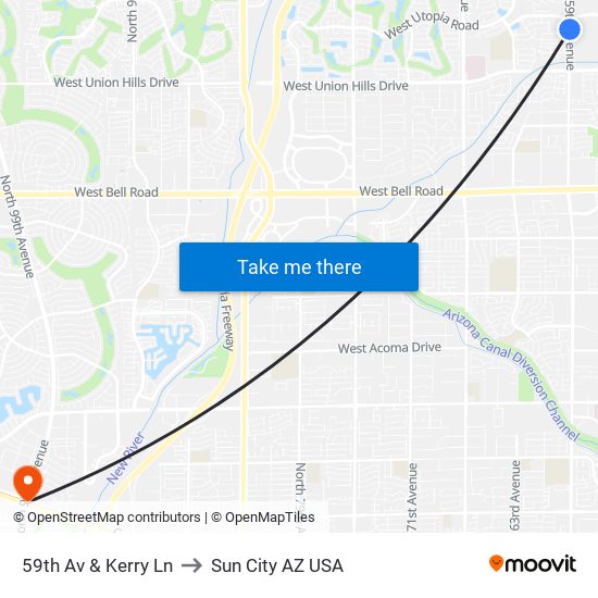 59th Av & Kerry Ln to Sun City AZ USA map