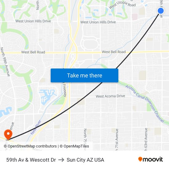 59th Av & Wescott Dr to Sun City AZ USA map