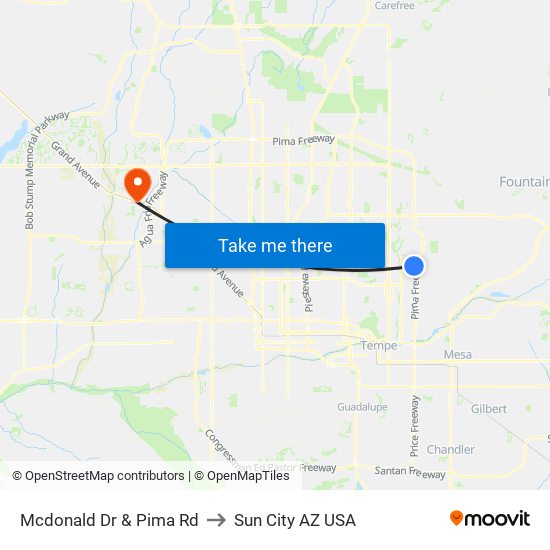 Mcdonald Dr & Pima Rd to Sun City AZ USA map