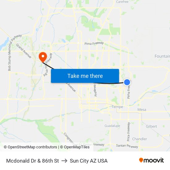 Mcdonald Dr & 86th St to Sun City AZ USA map