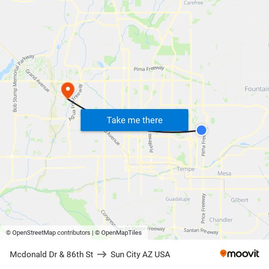 Mcdonald Dr & 86th St to Sun City AZ USA map