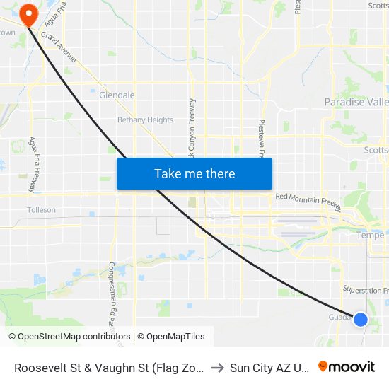 Roosevelt St & Vaughn St (Flag Zone) to Sun City AZ USA map