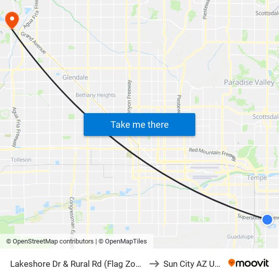 Lakeshore Dr & Rural Rd (Flag Zone) to Sun City AZ USA map