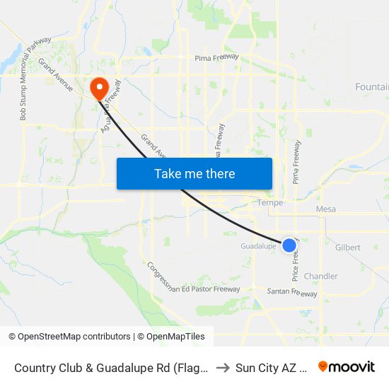 Country Club & Guadalupe Rd (Flag Zone) to Sun City AZ USA map