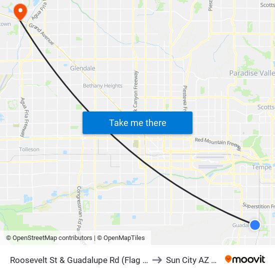 Roosevelt St & Guadalupe Rd (Flag Zone) to Sun City AZ USA map
