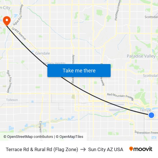 Terrace Rd & Rural Rd (Flag Zone) to Sun City AZ USA map