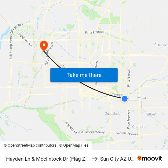 Hayden Ln & Mcclintock Dr (Flag Zone) to Sun City AZ USA map